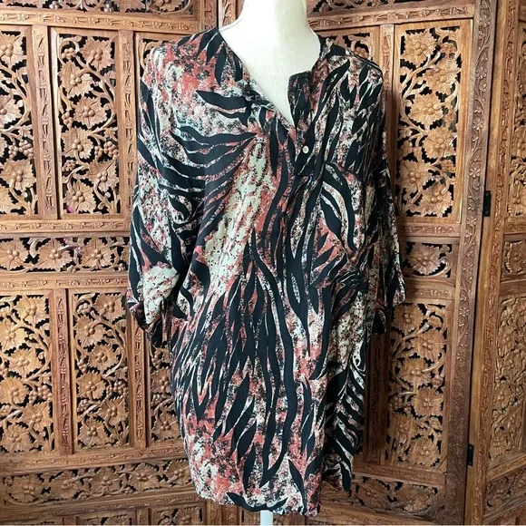 Vintage Abstract Zebra Print Button Front Kaftan Blouse Beach Cover Up - Picture 6 of 10